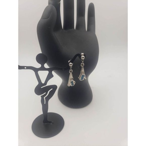 Native American Costume Silver Metal Post Earring - Howling Wolf Design w/-Turqu - Picture 1 of 4